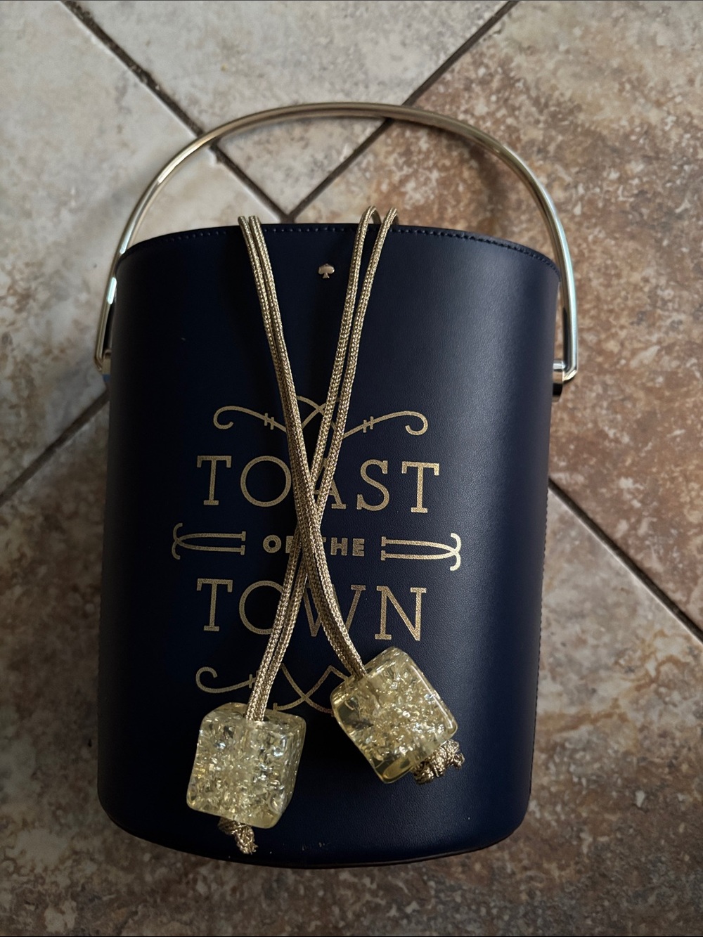 kate spade Navy Leather Bucket Bag with Gold Handle and Tassel Accents